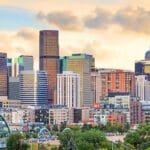 Panorama of Denver skyline at twilight.